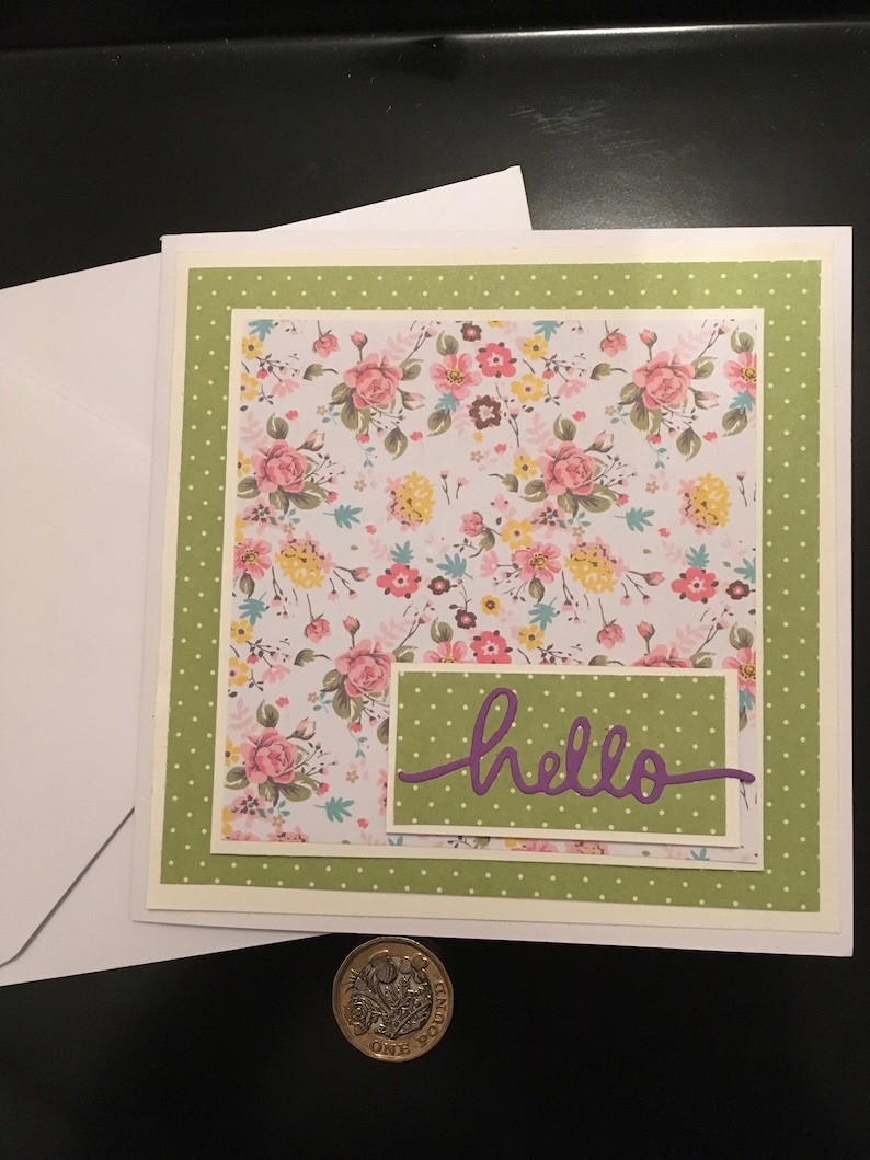 Hello greeting card with flowers and spots suitable for any age