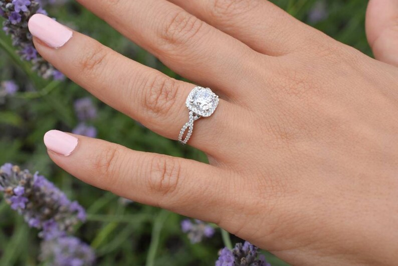 Promise Ring Halo Crossover Ring Unique Square Ring Simulant Diamond Ring Bridal Ring Twisted Ring Silver Square Ring 1.5 ct Ring