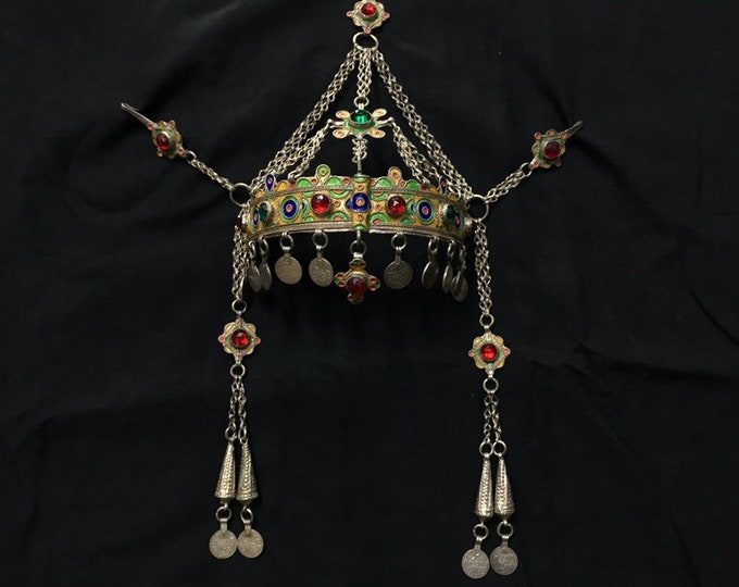 Antique Berber Silver Enamel Headdress, Moroccan Tribal Jewelry