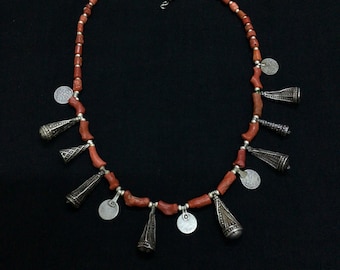 Moroccan Silver Necklace,antique Berber silver Coin pendant,Natural vintage Coral,Moroccan necklace,antique Berber silver pendant,Amazigh
