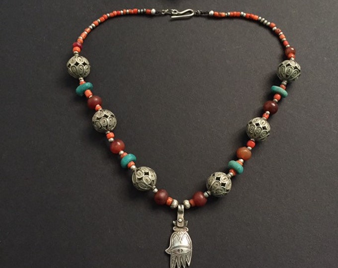 Berber Silver Amazonite Necklace: Coral & Miriam Hand