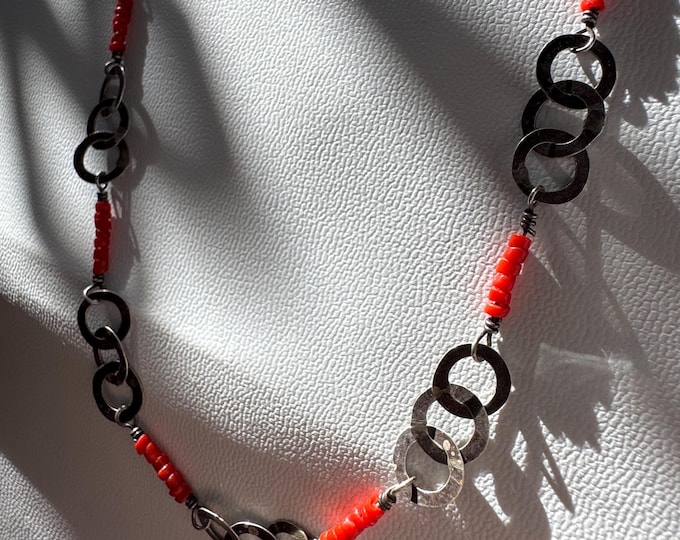 Handmade Berber Silver Necklace: Moroccan Chain with Red Glass Beads