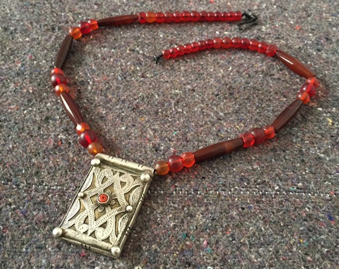Berber Silver Kitab Talisman Necklace: Carnelian, Coral & African Glass