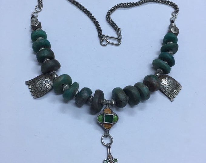 Berber Amazonite Necklace: Antique Silver Khamsa, Moroccan Jewelry
