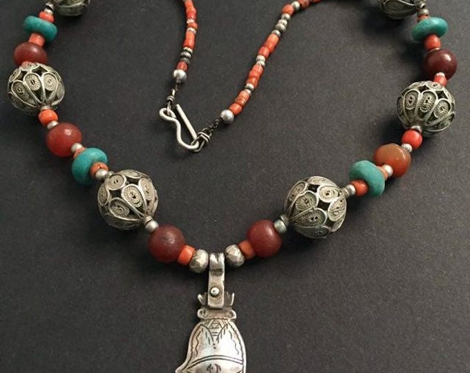 Berber Silver Amazonite,natural Berber coral,handmade silver hams,natural Berber amazonite,handmade Berber silver hamsa,old cornaline