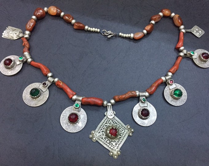 Berber Coral Necklace: Vintage Silver Coin & Carnelian Jewelry