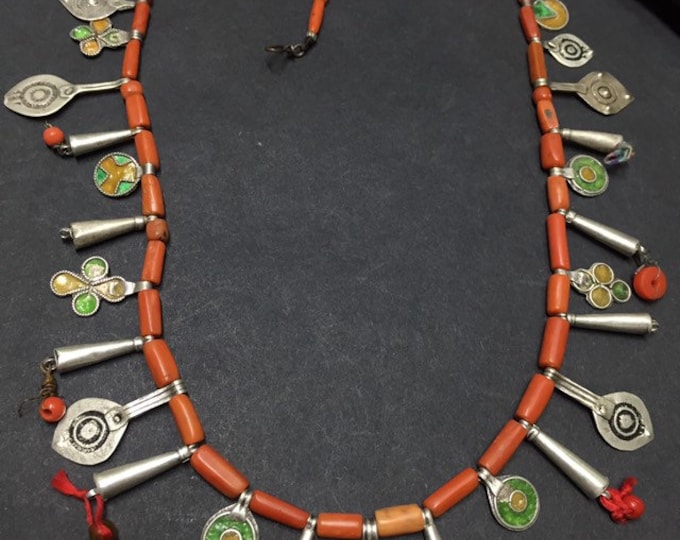 Antique Berber Coral Necklace: Moroccan Silver Enamel Pendant