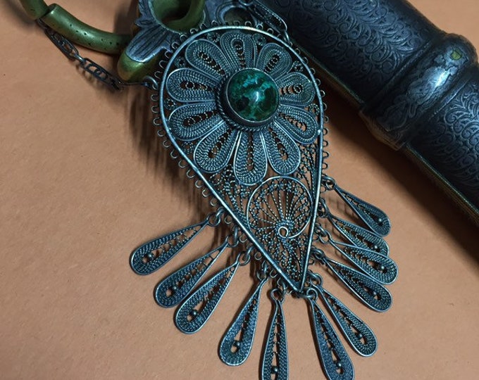 Vintage Silver Filigree Necklace: Ethnic Malachite Pendant