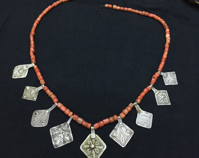 Antique Berber Silver Coral Necklace, North African Jewelry