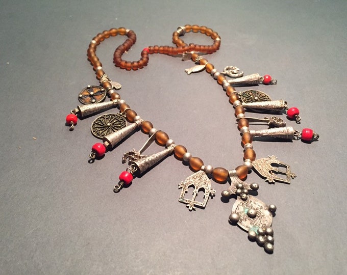 Berber Silver Pendant Necklace: Antique Moroccan Jewelry, Glass Bead
