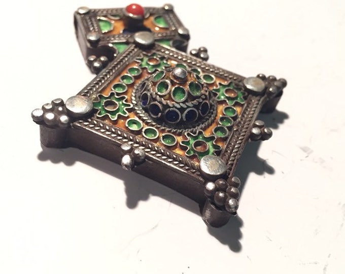 Berber Silver Enamel Cross: Moroccan Amulet Necklace