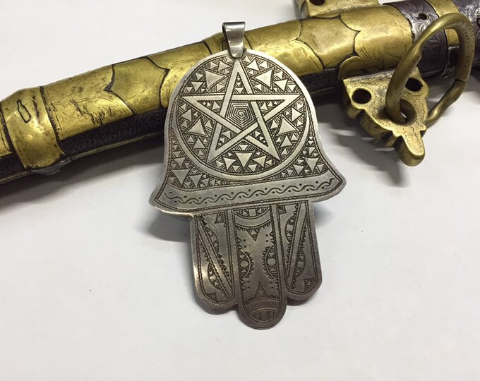 Berber Silver Khamsa Amulet: Hand Etched Moroccan Jewelry
