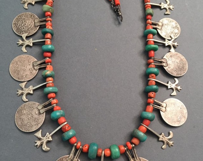 Antique Berber Necklace: Coral, Amazonite & Silver Coins, Tribal Jewelry