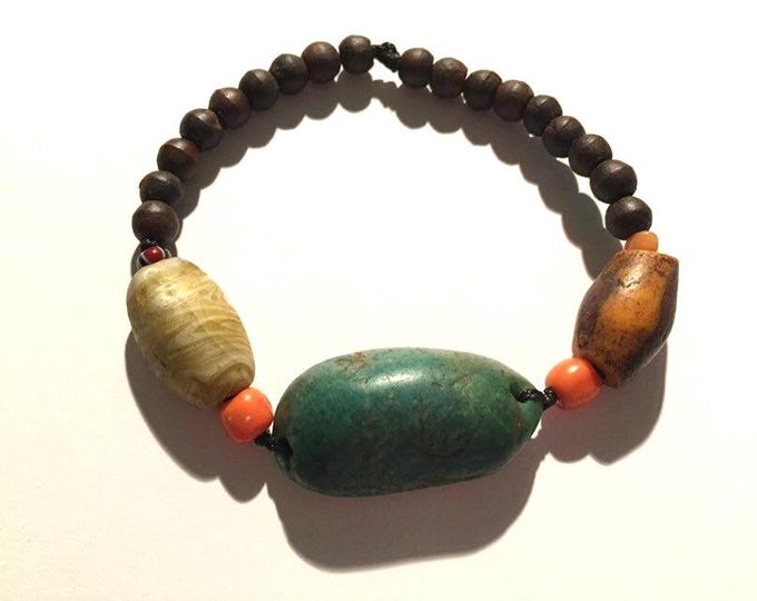 Antique Moroccan Amazonite bracelet,Berber Amazonite,Antique amazonite,Antique africain trade bead,Antique natural coral,old African wood