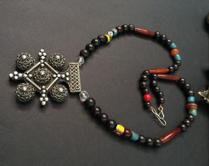 Berber Silver Cross Necklace: Antique Garnet & Trade Beads