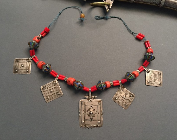 Antique Berber Silver Enamel Bead Necklace, Moroccan Jewelry