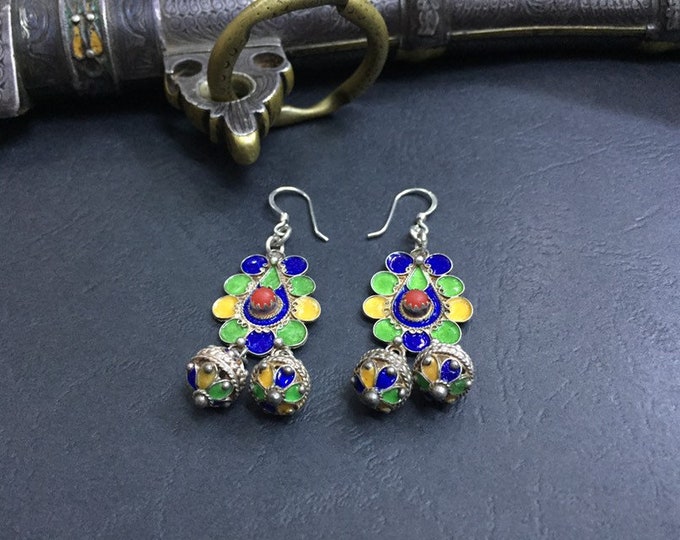 Kabyle silver earrings,Kabyle silver,Berber Kabyle jewelry,Enamel silver earrings,Kabyle enamel earring,Berber Kabyle silver earrings