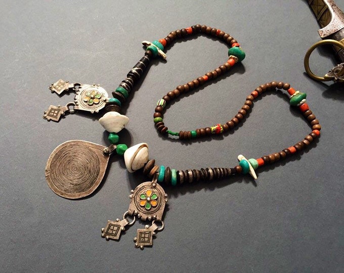 Antique Berber Silver Necklace, Amazonite Coral, African Shell Pendant