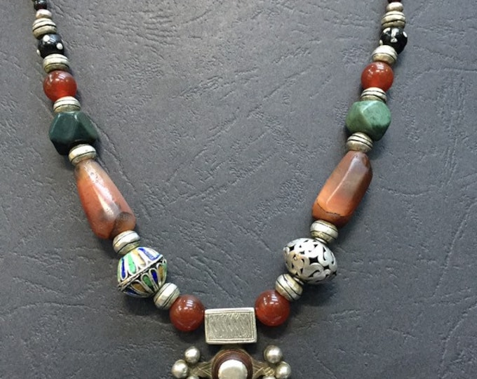 Berber Silver Cross Necklace: Antique Cornaline & Enamel Bead