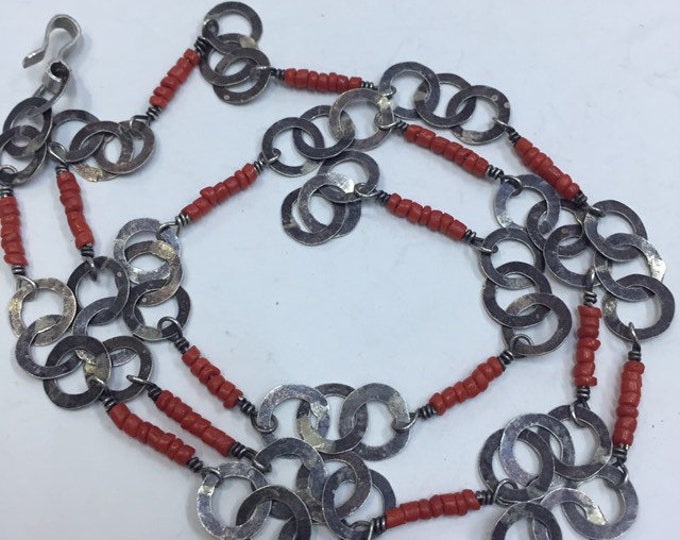 Handmade Berber Silver Necklace: Moroccan Chain with Red Glass Beads