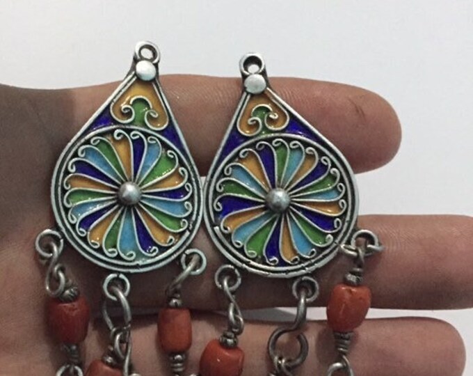 Berber Enamel Silver Pendant: Natural Coral, North African Design