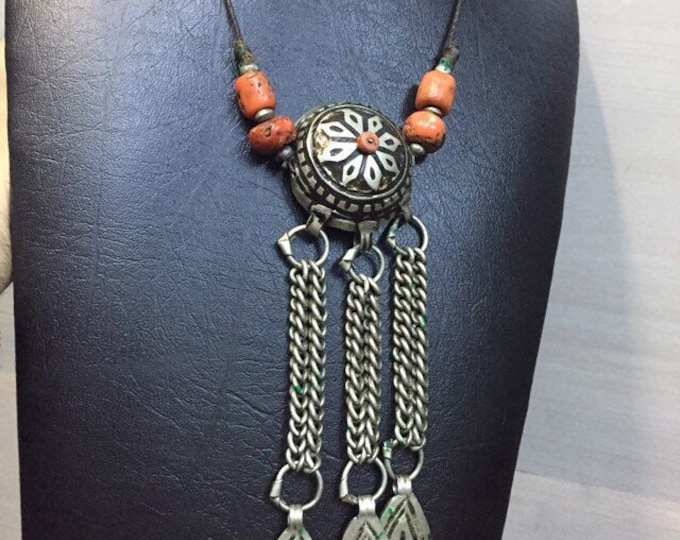 Antique Berber Silver Necklace: Moroccan Coral Ethnic Jewelry