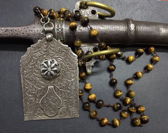 Vintage Berber Silver Luha Pendant: Moroccan Amulet, Tiger Eye Necklace