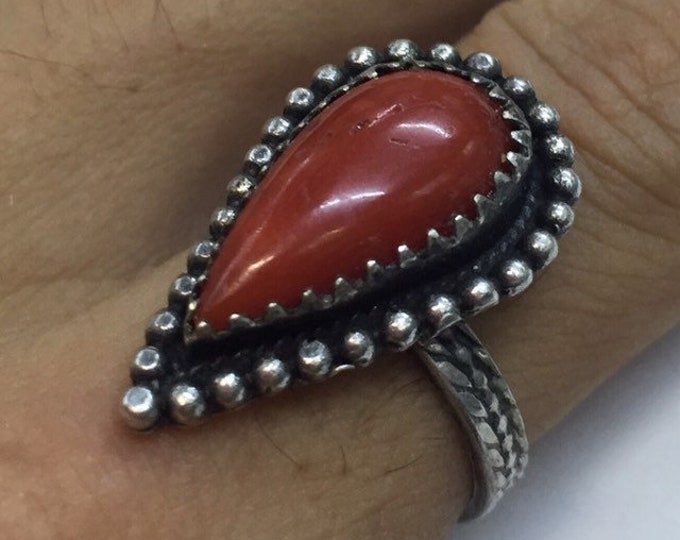 Vintage Berber Silver Coral Ring: Moroccan Jewelry, Size 8