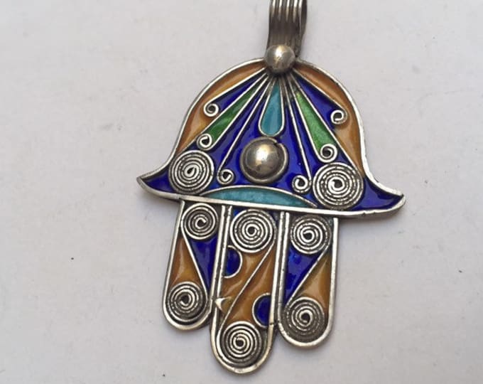 Berber silver and enamel Khamsa,Berber silver jewelry,Berber jewelry,Berber Khamsa,Hamsa,Enamel khamsa,Ethnic Jewelry,Moroccan Jewellery