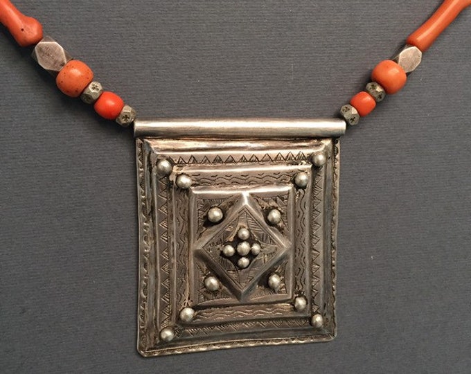 Berber Silver Kitab Hirz Necklace, Natural Coral, Moroccan Tribal Jewelry