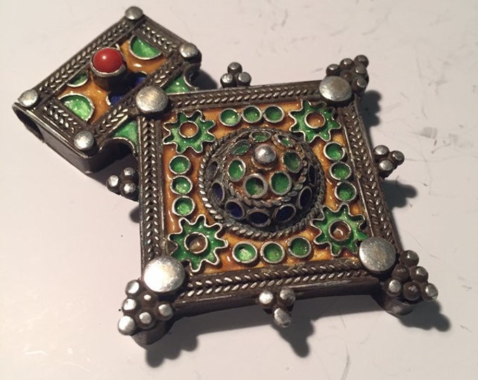 Berber Silver Enamel Cross: Moroccan Amulet Necklace