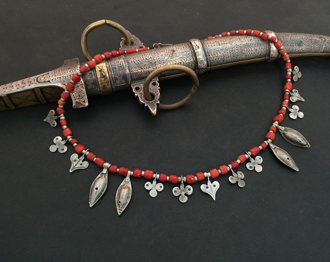 Antique Coral Berber Necklace: Moroccan Silver Amulet