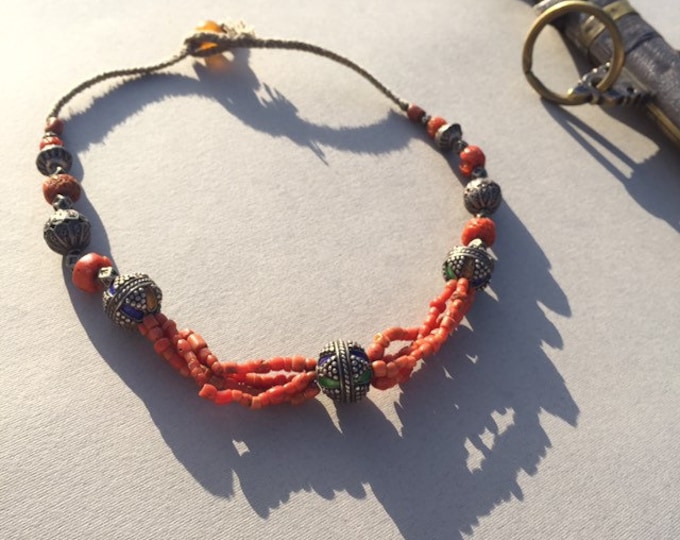 Antique Berber Coral Necklace, Moroccan Silver Enamel Bead