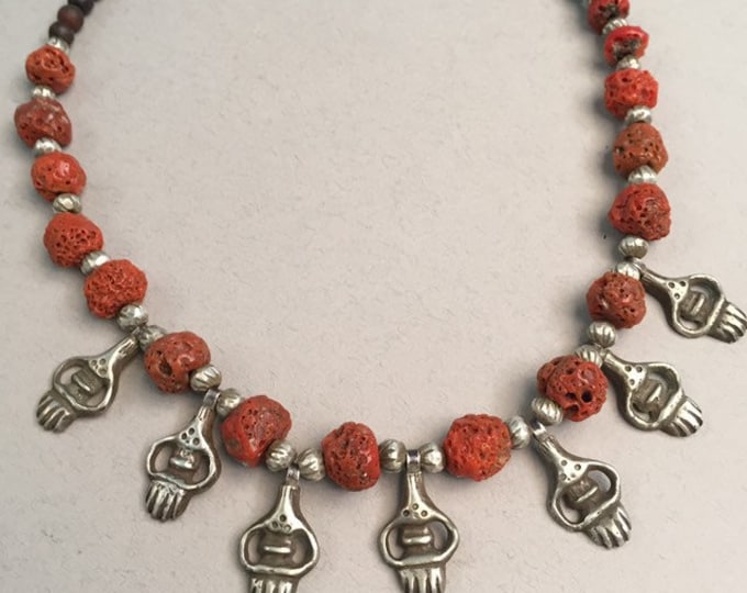 Vintage Berber Silver Khamsa Amulet Necklace: Moroccan Coral Jewelry