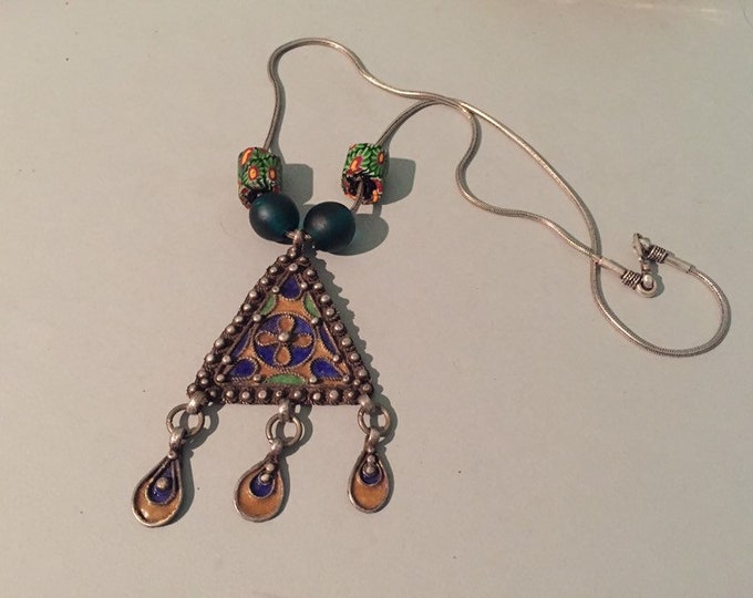 Berber Enamel pendant,Silver pendant,silver chain,Moroccan Jewellery,Berber silver,African jewelry