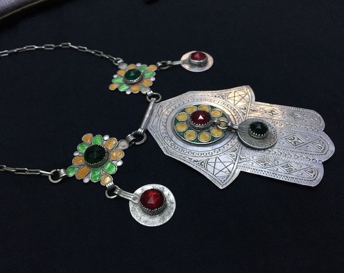 Berber Silver Khamsa Necklace: Vintage Moroccan Enamel Hamsa