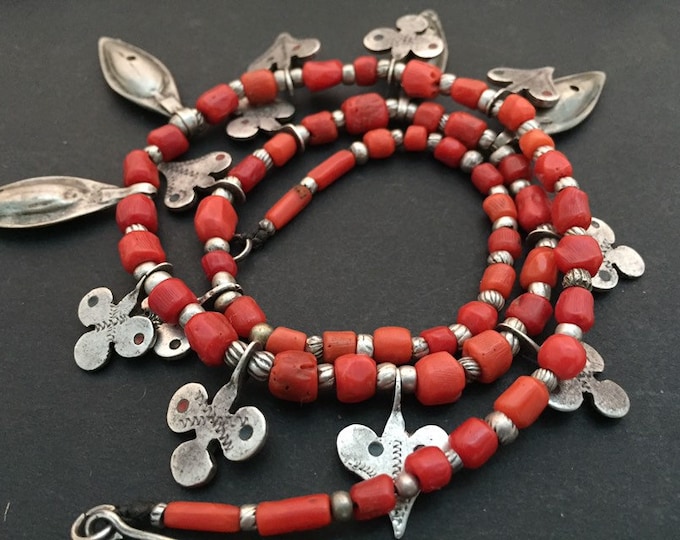 Antique Coral Berber Necklace: Moroccan Silver Amulet