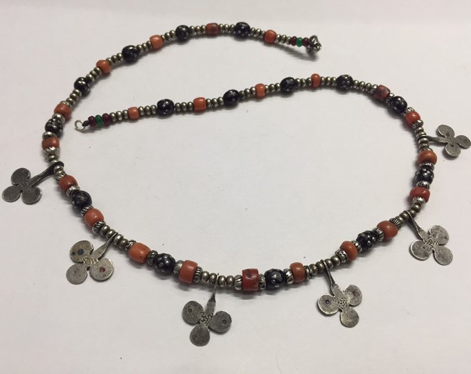Antique Berber Silver Necklace: Coral & Black Coral Pendant