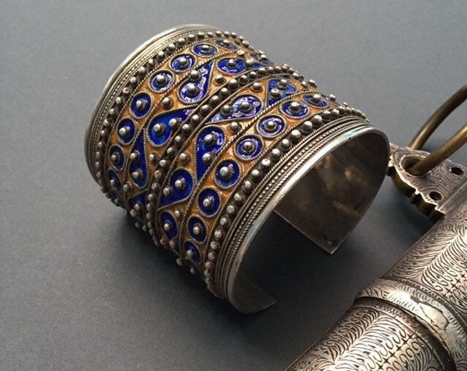 Vintage Berber Silver Bracelet, Enamel African Jewelry, Wirework Cuff