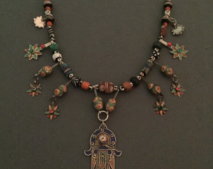 Berber Silver Enamel Pendant Necklace: African Trade Bead, Coral & Ebony Wood