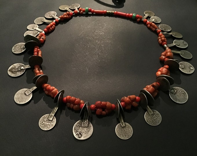 Original Berber necklace,coral necklace,Berber coins,Berber jewelry,north African jewelry,Berber amulet,old Mediterranean coral