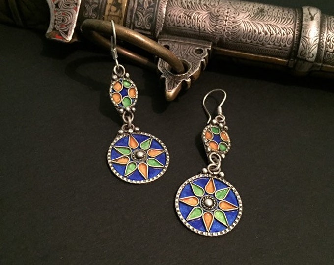 Berber Enamel earrings,Berber silver,Moroccan jewelry,African jewelry,African silver,Silver earrings