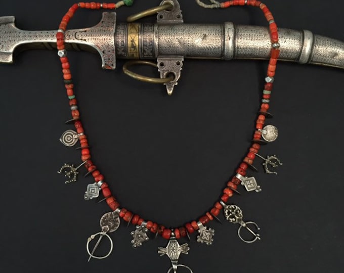Berber pendants necklace,Fibule necklace,antique coral necklace,Berber necklace Berber amulet,Berber talisman,Berber silver,African jewelry