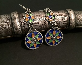 Berber Enamel earrings,Berber silver,Moroccan jewelry,African jewelry,African silver,Silver earrings