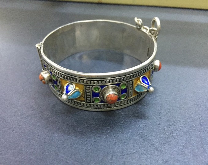 Berber silver and enamel bracelet,Moroccan jewelry,Berber silver,Moroccan enamel bracelet,Moroccan enamel,Amazigh bracelet,north African