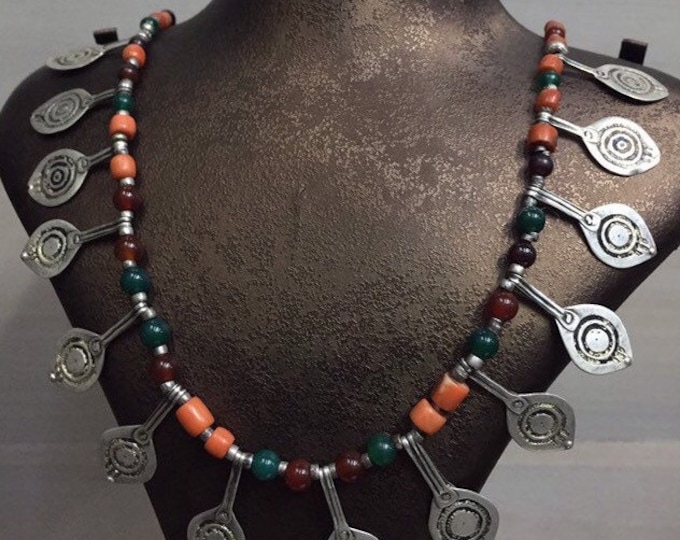Berber silver necklace,Antique berber pendant,old natural berber natural coral,antique cornaline,antique glass bead,Berber silver bead