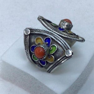 Moroccan silver and enamel ring,Berber silver ring,Berber enamel,Berber coral,Berber jewelry,Moroccan silver ring,north African silver