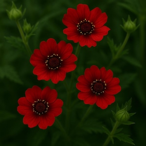 May include: Four vibrant red flowers with dark centers and yellow accents are displayed against a backdrop of green foliage. The petals are fully open, showcasing their intricate details. The image captures the beauty of nature.