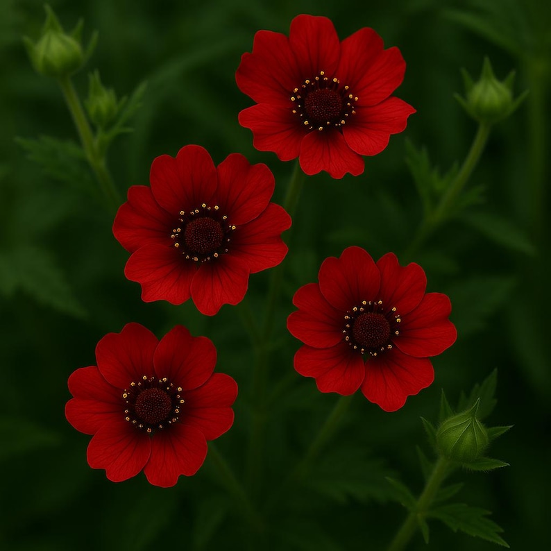 May include: Four vibrant red flowers with dark centers and yellow accents are displayed against a backdrop of green foliage. The petals are fully open, showcasing their intricate details. The image captures the beauty of nature.