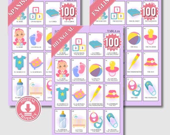 Baby loteria Printed. Lotería para baby shower. Mexican lottery game for baby shower in Spanish. Bingo for baby shower. Juegos baby shower.
